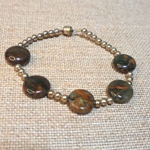 Hand Crafted Western Green Brown Stone Bead Bracelet Round Flat Circle Magnetic